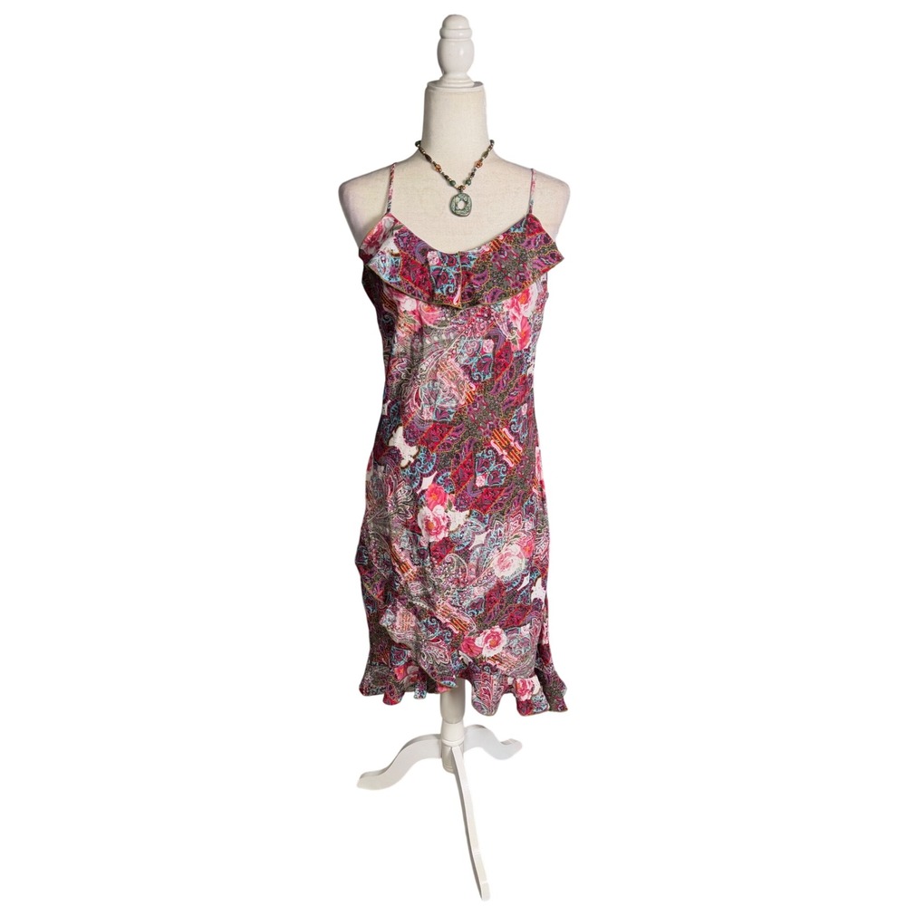 Mlle Gabrielle Floral Paisley Ruffle Hem Slip Dress Size‎ 10 Pink Boho Summer